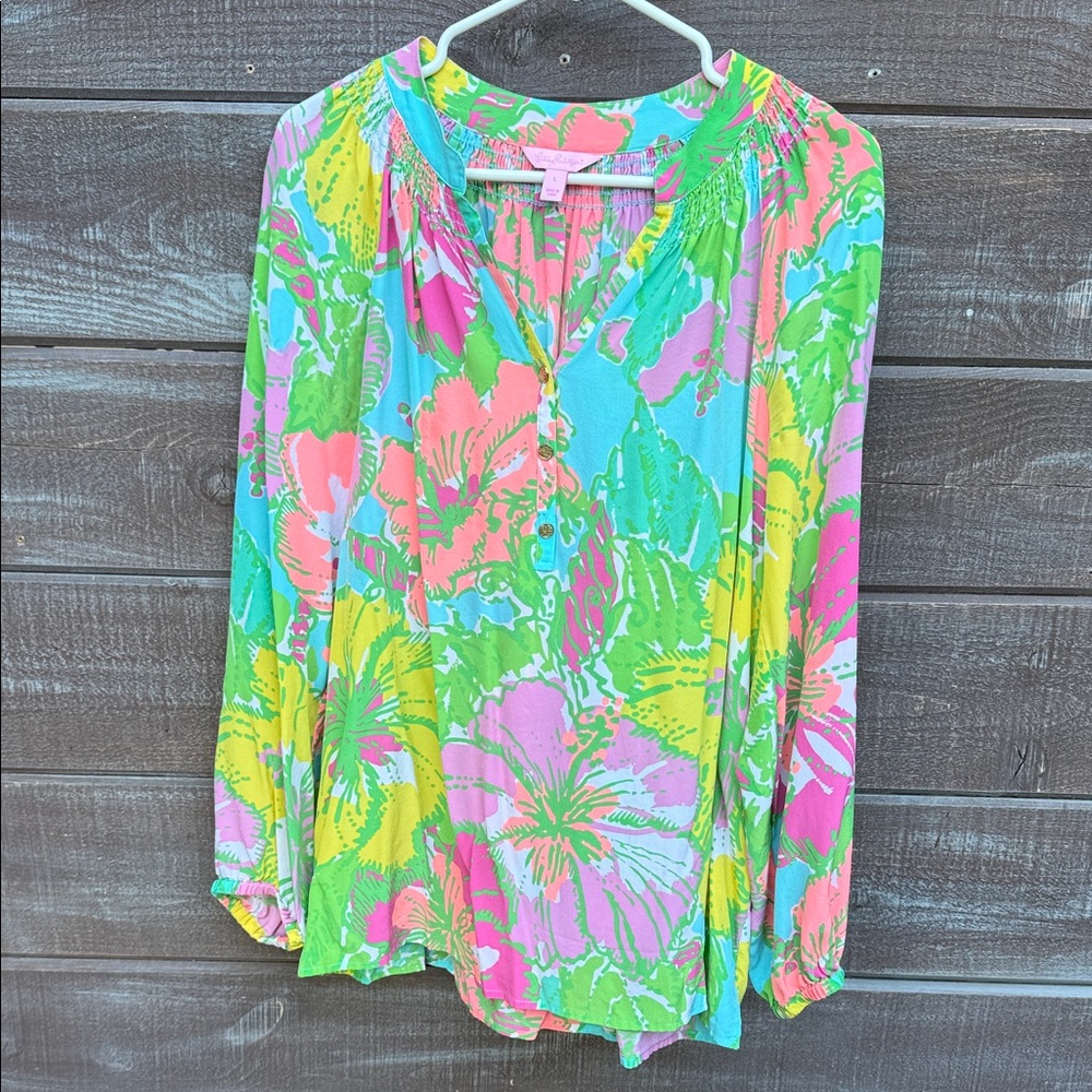 Lily Pulitzer Silk Blouse L Bright Floral Tropical Smocked Boho Resort Beachy